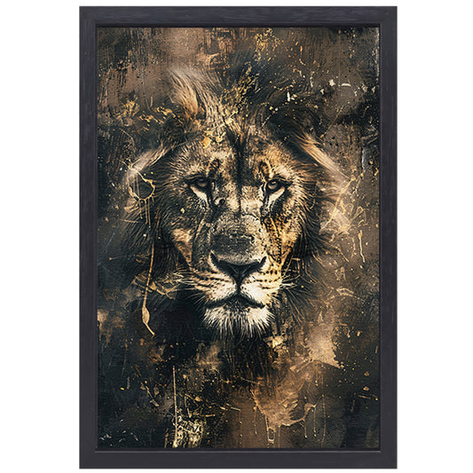 Majestueuze abstracte leeuwenkop met goudaccenten canvas met baklijst
