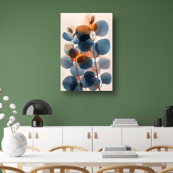 Abstracte compositie van blauwe en oranje bladeren canvas
