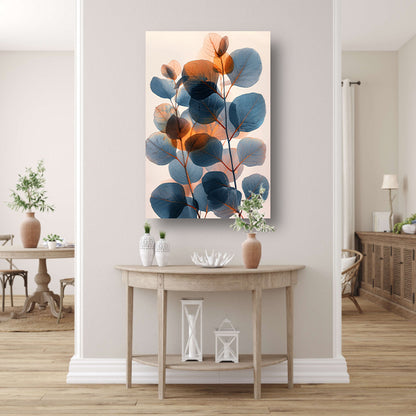 Abstracte compositie van blauwe en oranje bladeren canvas