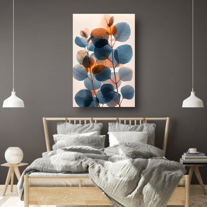 Abstracte compositie van blauwe en oranje bladeren canvas