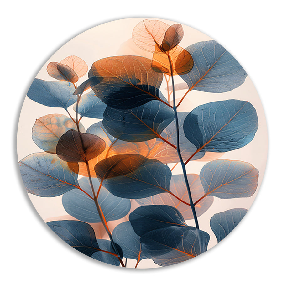 Abstracte compositie van blauwe en oranje bladeren aluminium muurcirkel