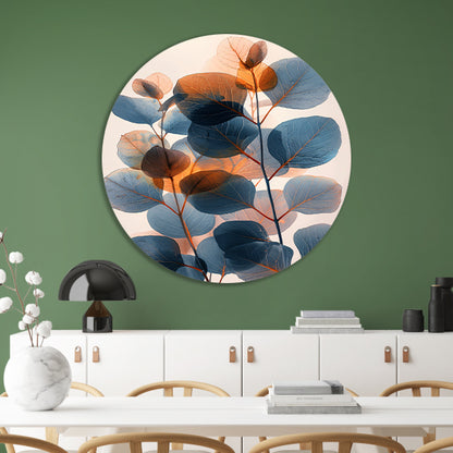 Abstracte compositie van blauwe en oranje bladeren forex muurcirkel