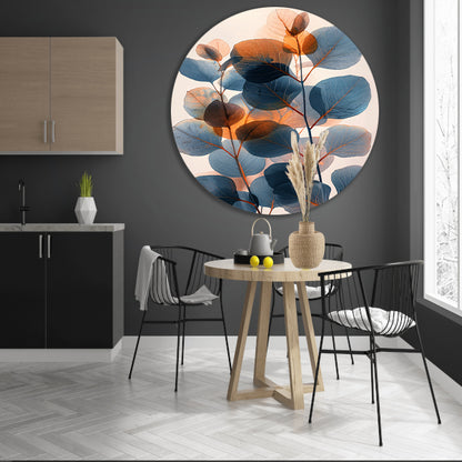 Abstracte compositie van blauwe en oranje bladeren forex muurcirkel