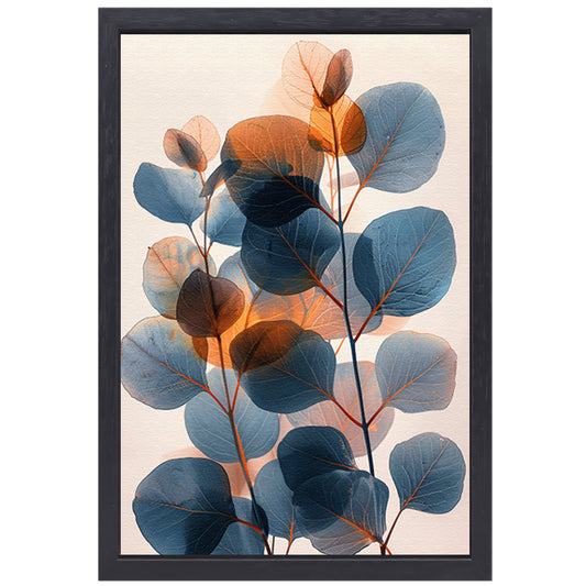 Abstracte compositie van blauwe en oranje bladeren canvas met baklijst