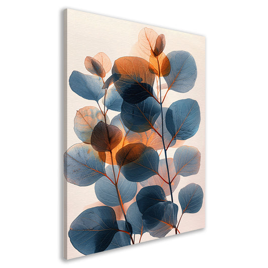 Abstracte compositie van blauwe en oranje bladeren canvas