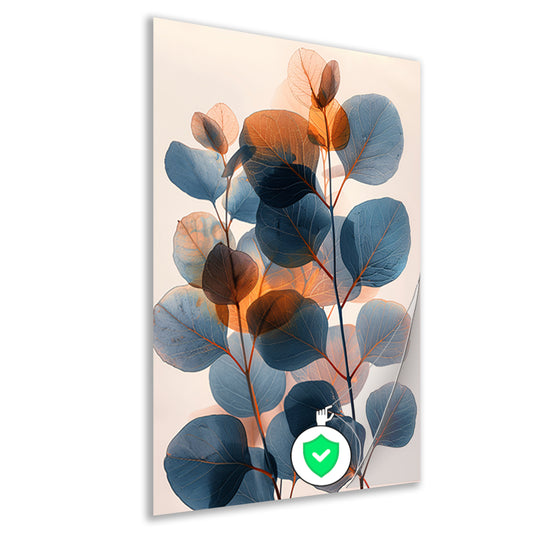 Abstracte compositie van blauwe en oranje bladeren poster