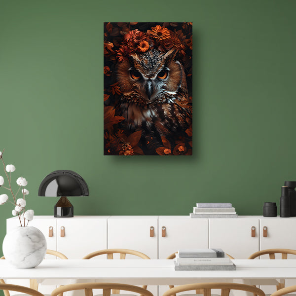 Uil en Herfstbloemen in Warme Tinten canvas