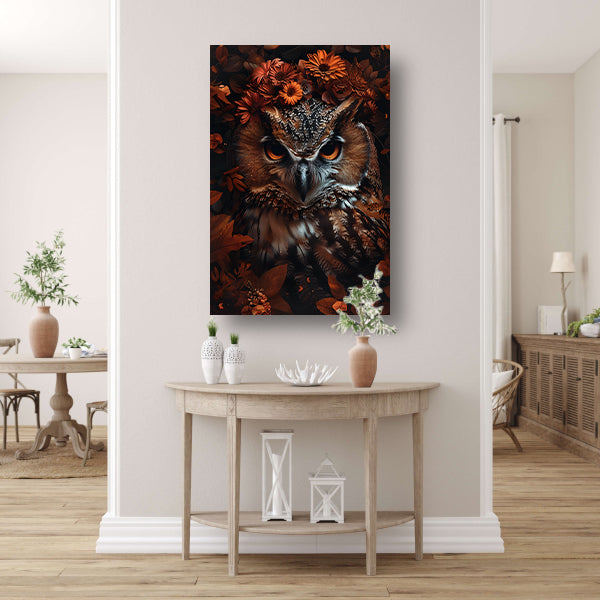 Uil en Herfstbloemen in Warme Tinten canvas
