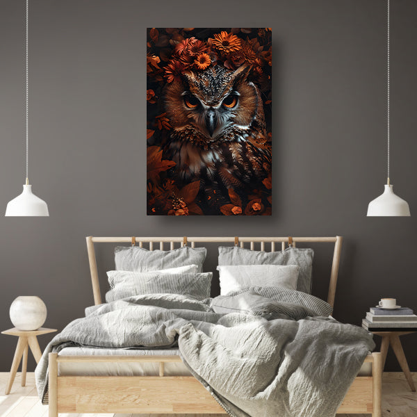 Uil en Herfstbloemen in Warme Tinten canvas