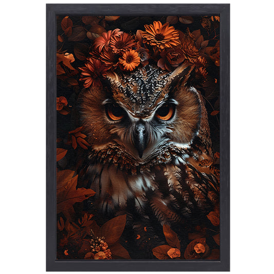 Uil en Herfstbloemen in Warme Tinten canvas met baklijst