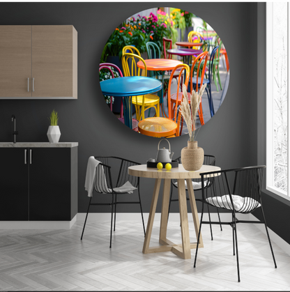 Kleurrijke minimalistische meubels aluminium muurcirkel