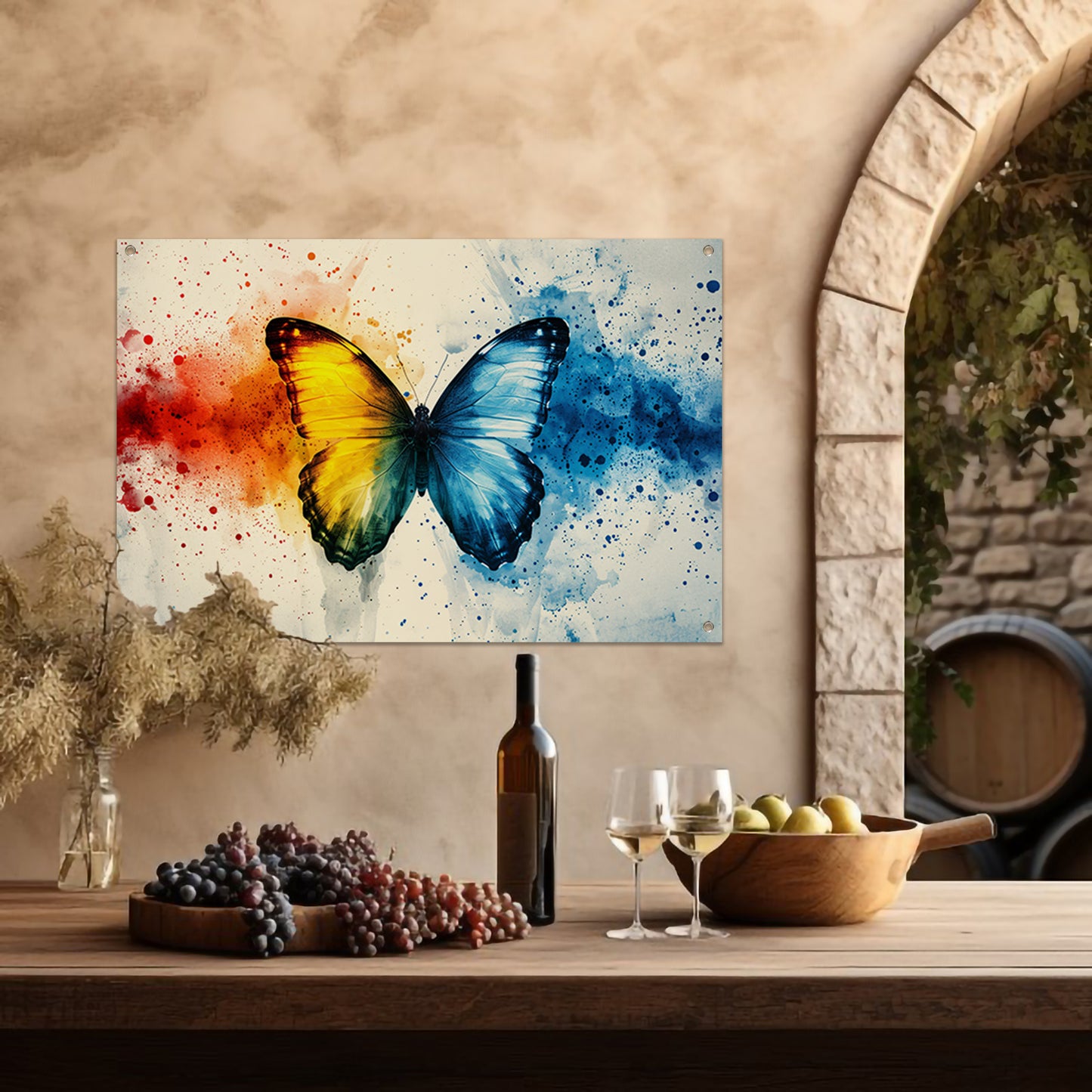 Kleurrijke vlinder met abstracte achtergrond tuinposter