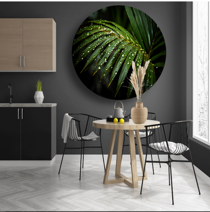 Blad met waterdruppels in close-up aluminium muurcirkel