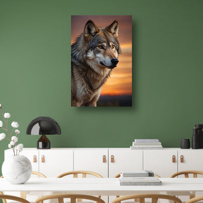 Majestueuze wolf bij prachtige zonsondergang canvas met baklijst