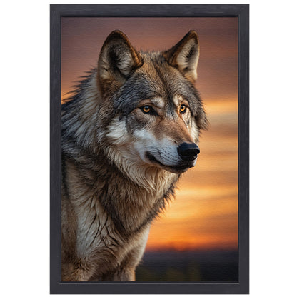 Majestueuze wolf bij prachtige zonsondergang canvas met baklijst