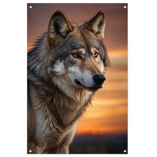 Majestueuze wolf bij prachtige zonsondergang tuinposter