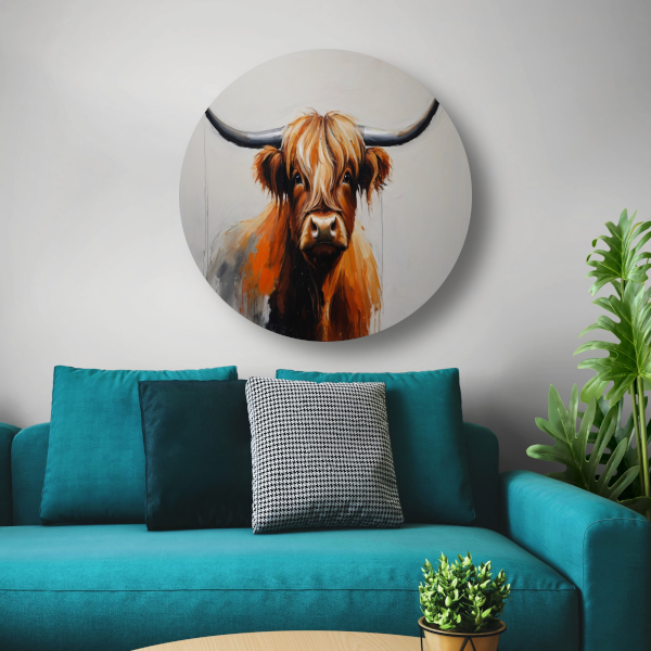 Majestic Highland Cow in Artistic Realism aluminium muurcirkel
