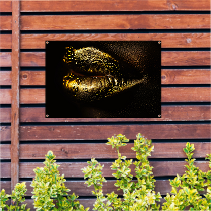 Gouden lippen glinsterend in het donker tuinposter