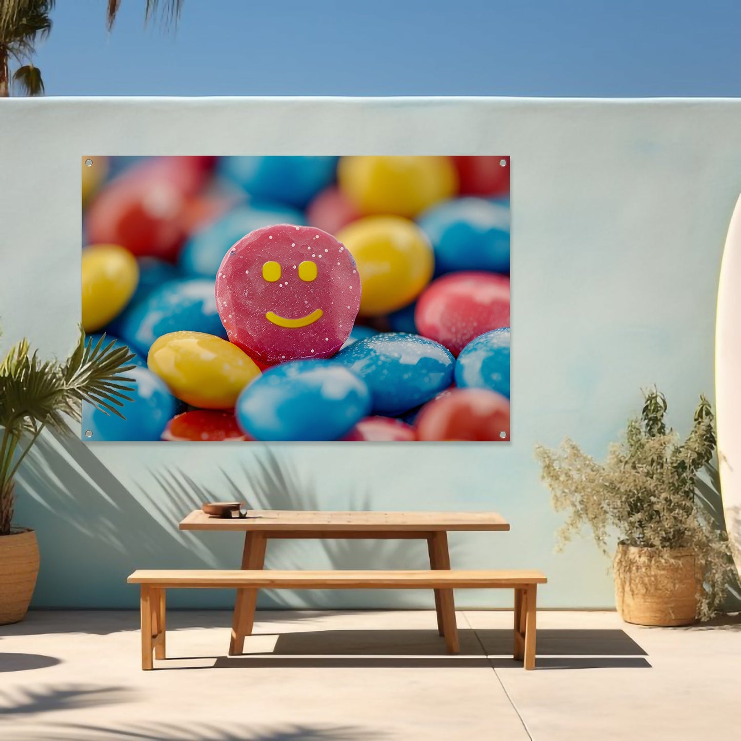 Smiley Snoepberg Kunstwerk tuinposter