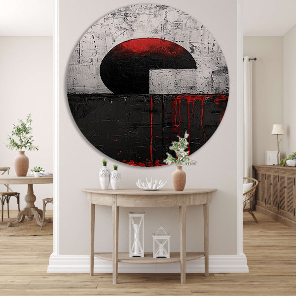 Abstract schilderij met cirkel en verfstrepen aluminium muurcirkel