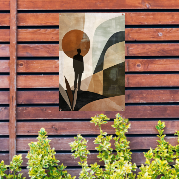 Gestileerde man tegen geometrische pastel achtergrond tuinposter