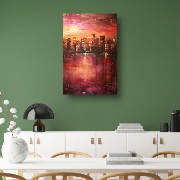 Abstracte skyline bij kleurrijke zonsondergang poster