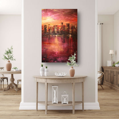 Abstracte skyline bij kleurrijke zonsondergang poster