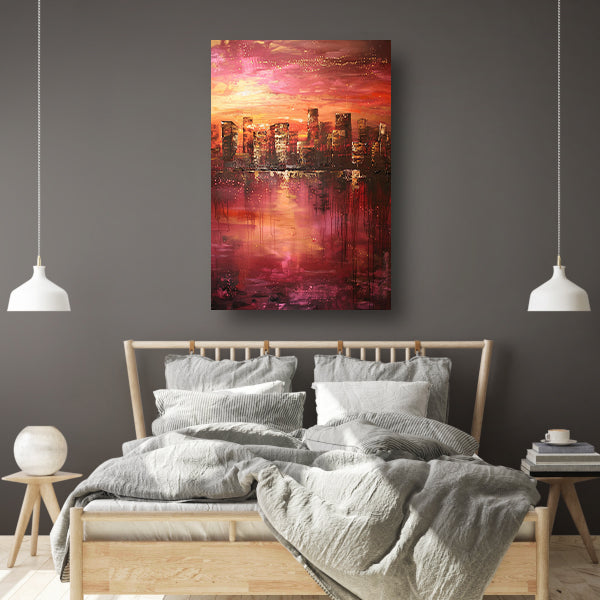 Abstracte skyline bij kleurrijke zonsondergang poster