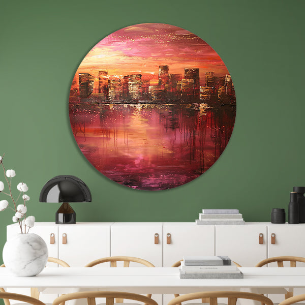 Abstracte skyline bij kleurrijke zonsondergang aluminium muurcirkel