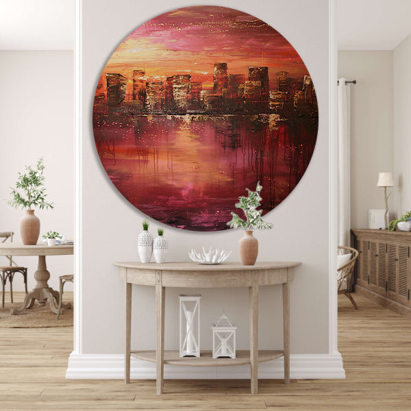 Abstracte skyline bij kleurrijke zonsondergang aluminium muurcirkel