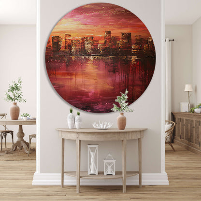 Abstracte skyline bij kleurrijke zonsondergang aluminium muurcirkel