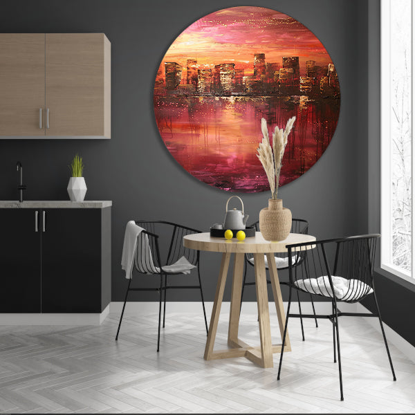 Abstracte skyline bij kleurrijke zonsondergang aluminium muurcirkel