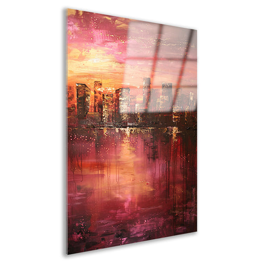 Abstracte skyline bij kleurrijke zonsondergang acrylglas