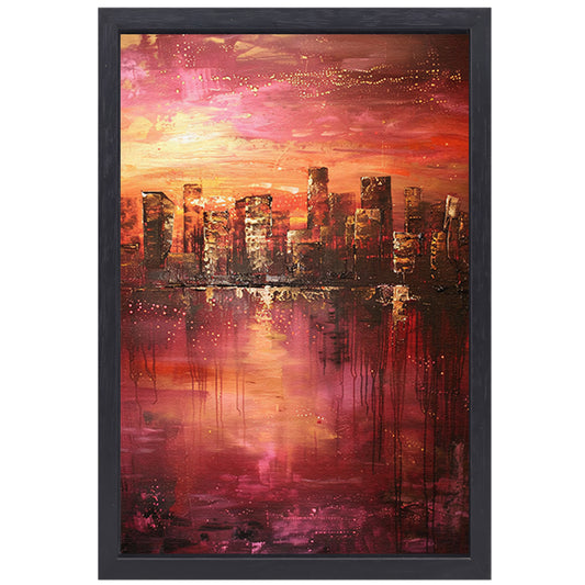 Abstracte skyline bij kleurrijke zonsondergang canvas met baklijst