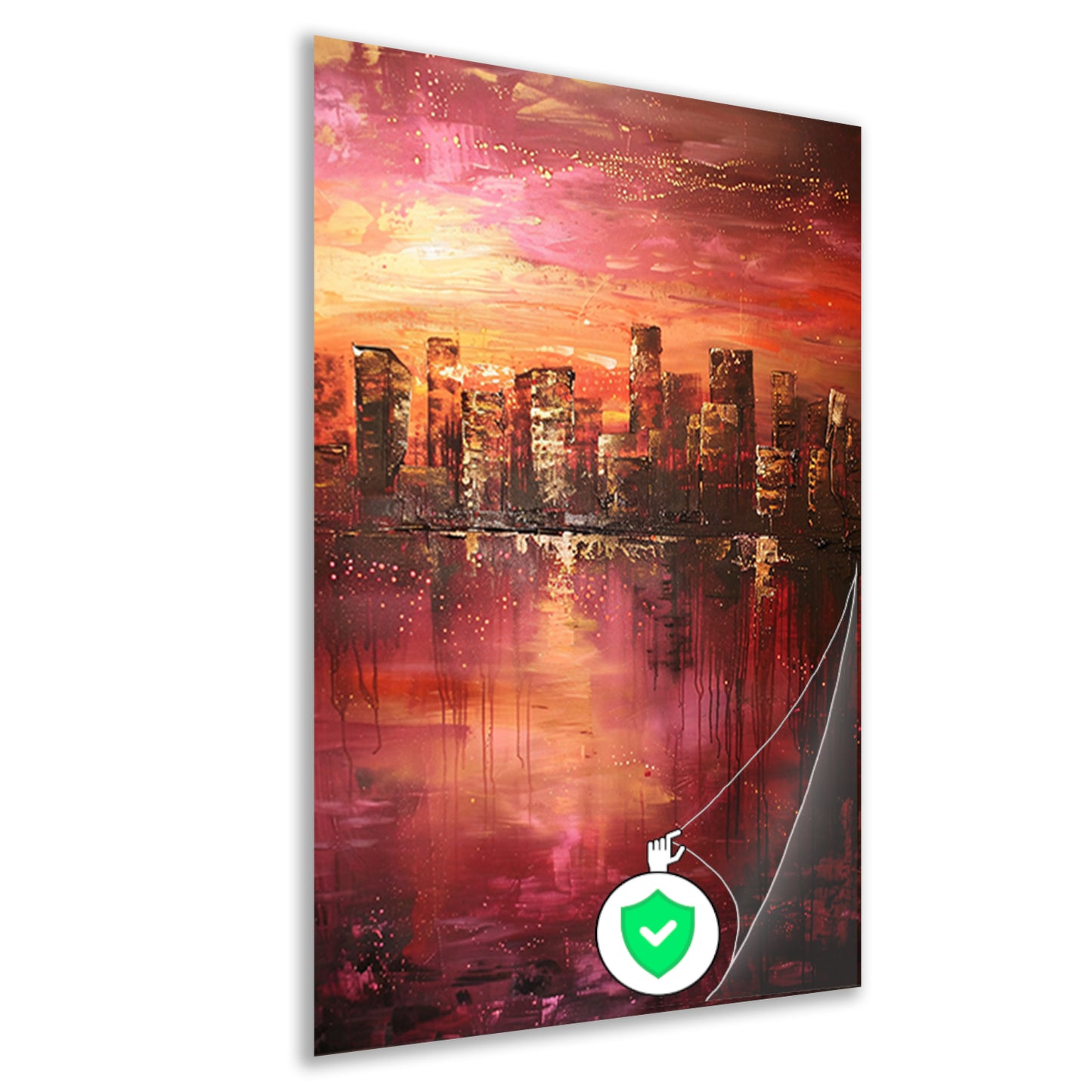 Abstracte skyline bij kleurrijke zonsondergang poster