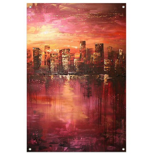 Abstracte skyline bij kleurrijke zonsondergang tuinposter