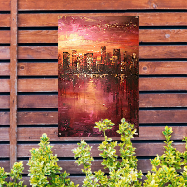 Abstracte skyline bij kleurrijke zonsondergang tuinposter