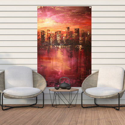 Abstracte skyline bij kleurrijke zonsondergang tuinposter