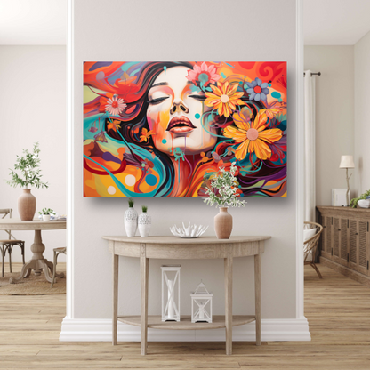Vrouw Gevangen in Bloemenzee van Kleur canvas