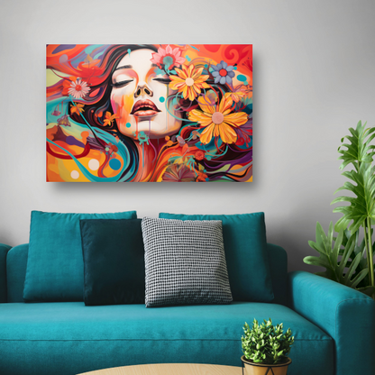 Vrouw Gevangen in Bloemenzee van Kleur canvas