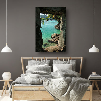 Uitzicht op zee door stenen raam acrylglas