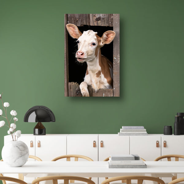 Nieuwsgierig kalf in verweerde schuur canvas