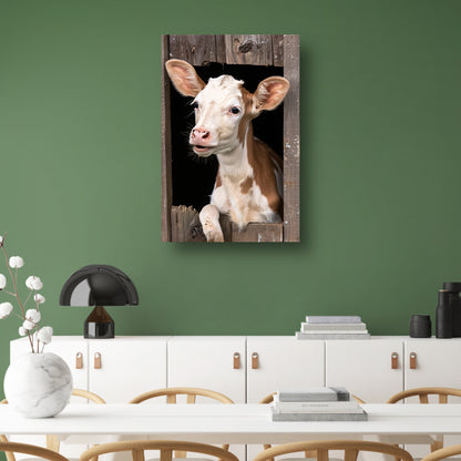 Nieuwsgierig kalf in verweerde schuur canvas