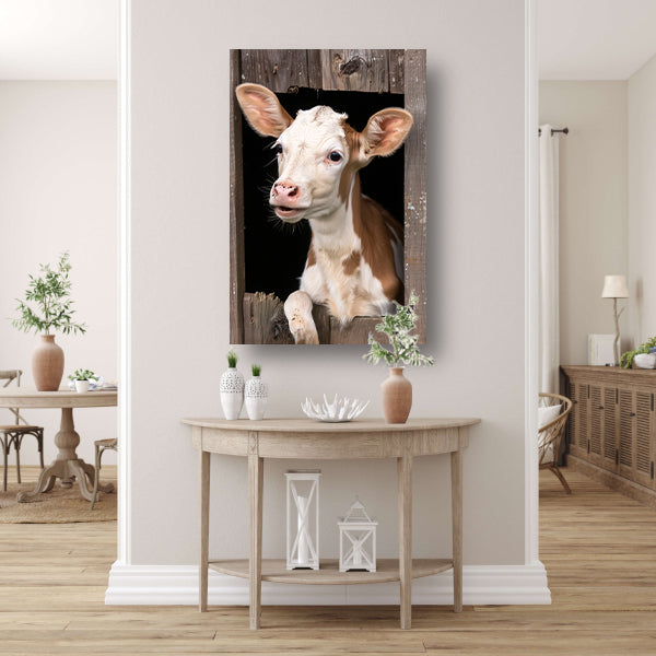 Nieuwsgierig kalf in verweerde schuur canvas