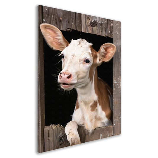 Nieuwsgierig kalf in verweerde schuur canvas