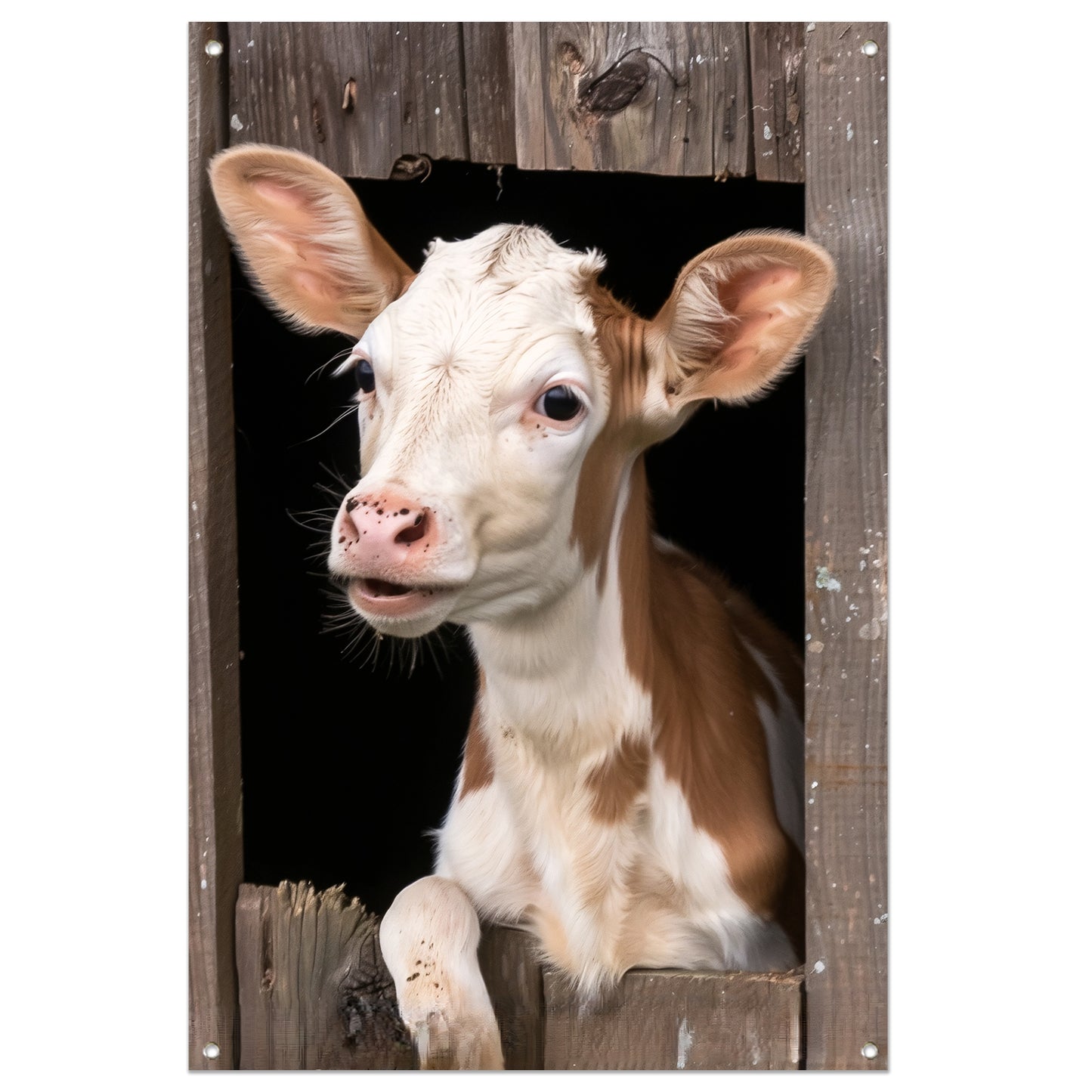 Nieuwsgierig kalf in verweerde schuur tuinposter