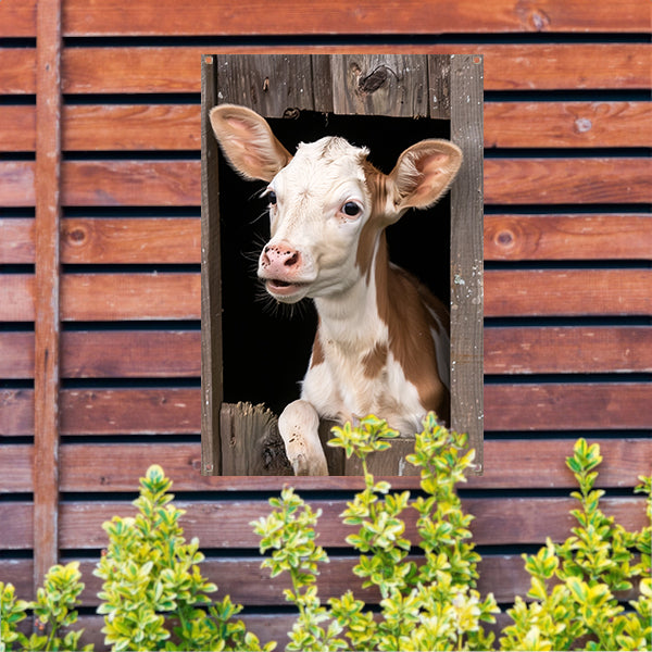 Nieuwsgierig kalf in verweerde schuur tuinposter