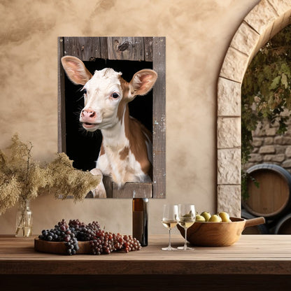 Nieuwsgierig kalf in verweerde schuur tuinposter