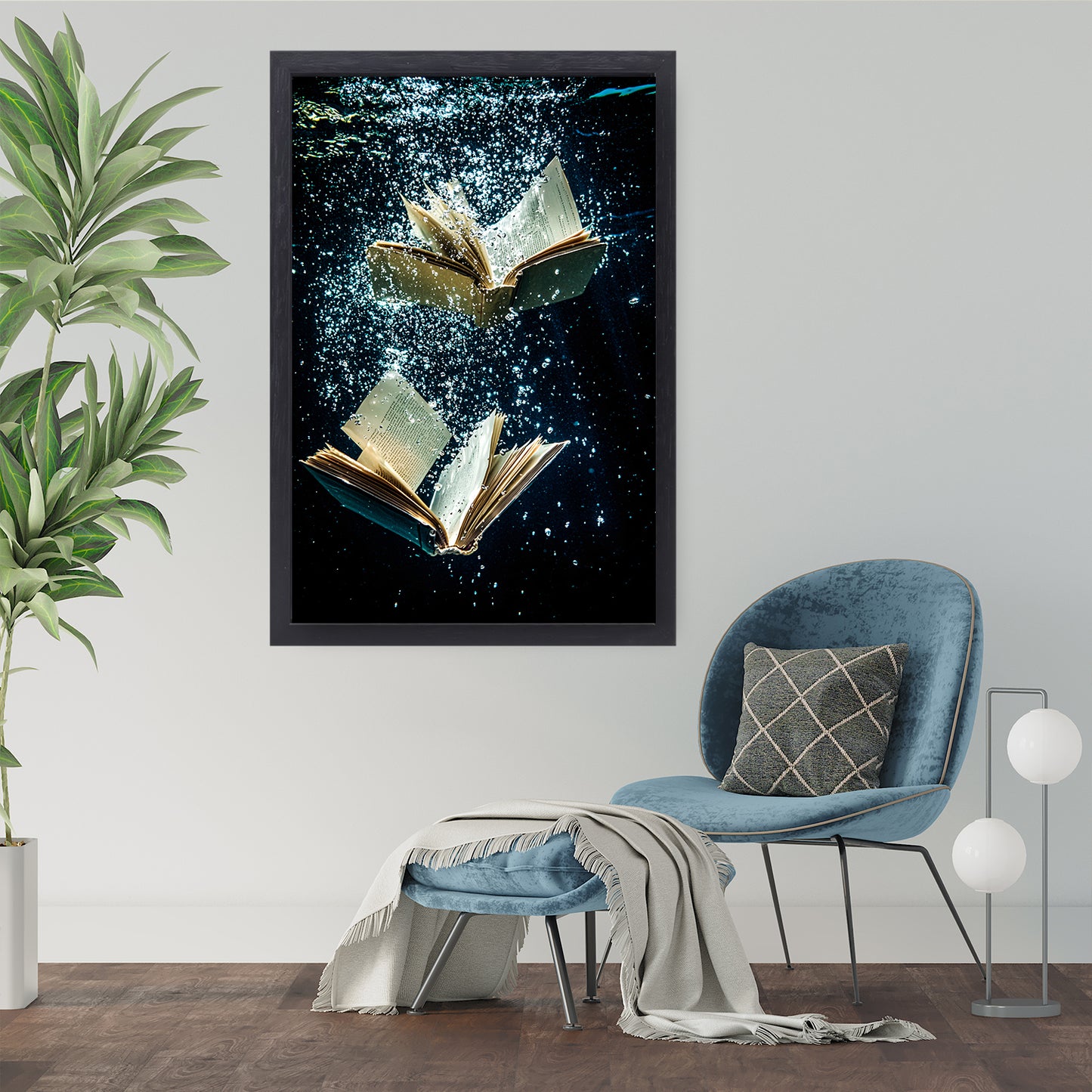 Dromerige boeken onder water canvas met baklijst staand