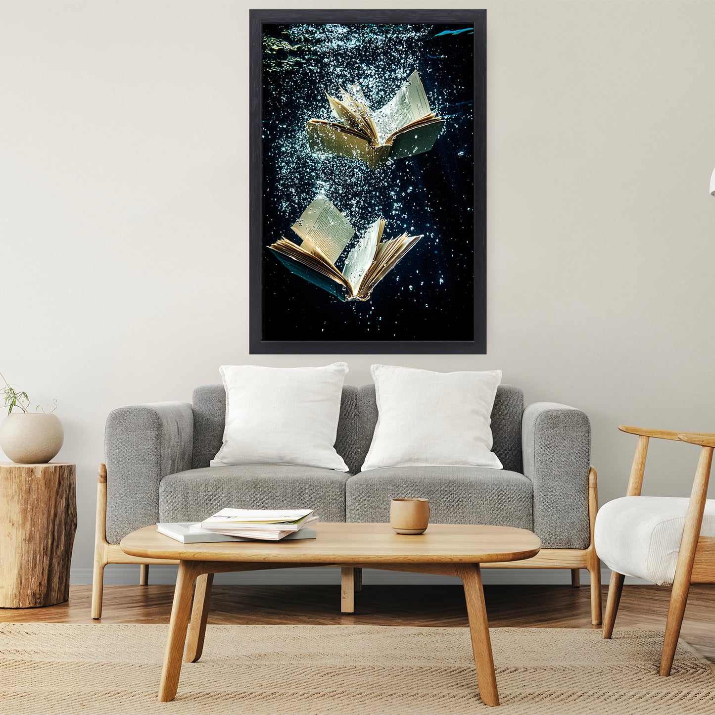 Dromerige boeken onder water canvas met baklijst staand